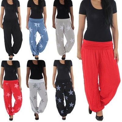 Damen Aladin Pumphose Strandhose Haremshose Hose Baggy Pluderhose Freizeithose