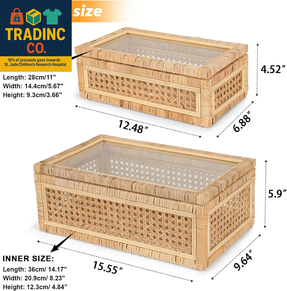 Large Handwoven Boho Rattan Display Boxes with Glass Lids - Set of 2 Rectangular - Image 3 of 4