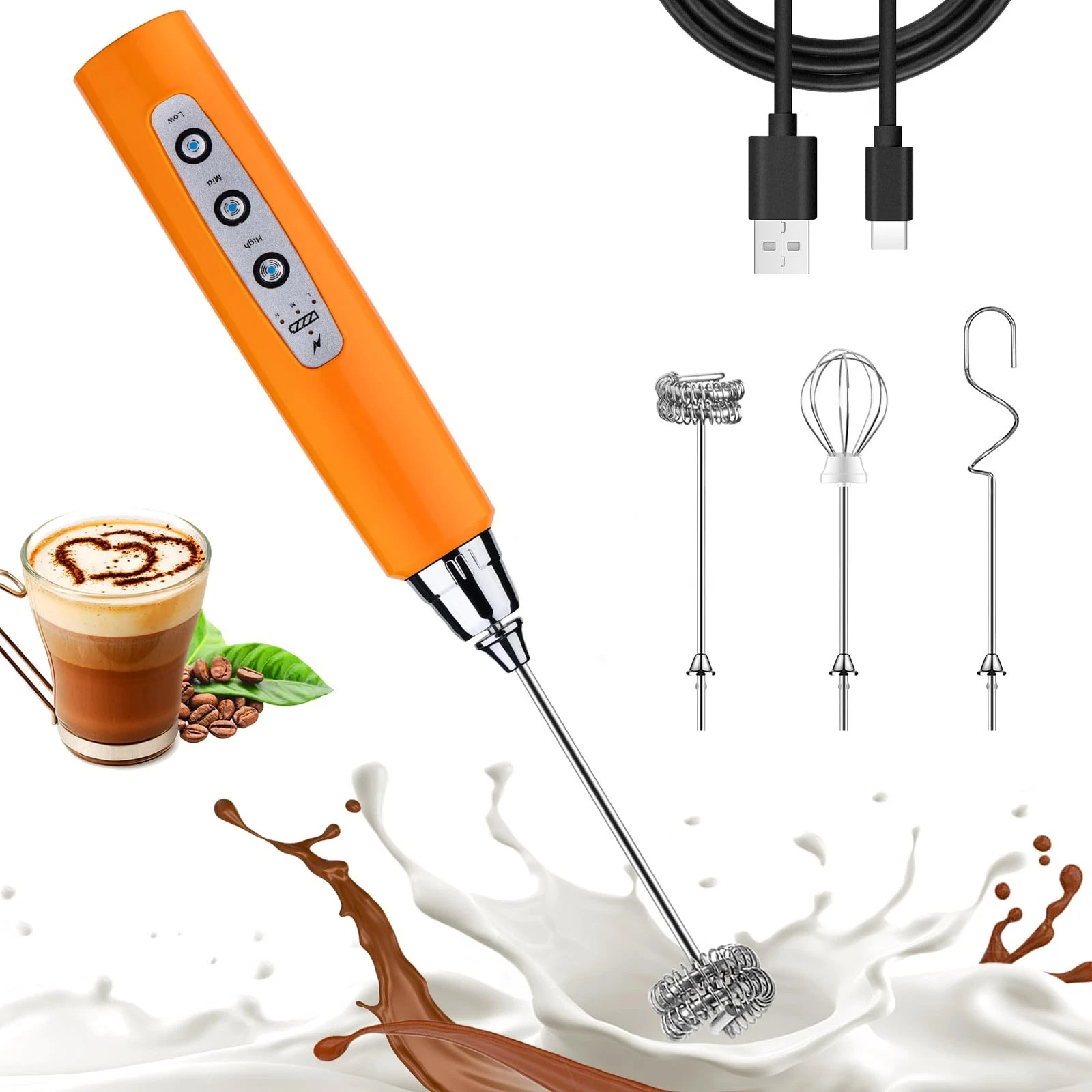 Orange Milk Frother Wand for Coffee, Frother Handheld Rechargeable Whisk with...