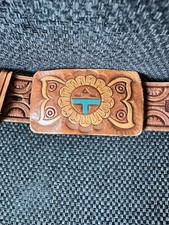 Vintage 80s Handpainted Native Aztec Southwest Tooled Leather Belt 36 Western