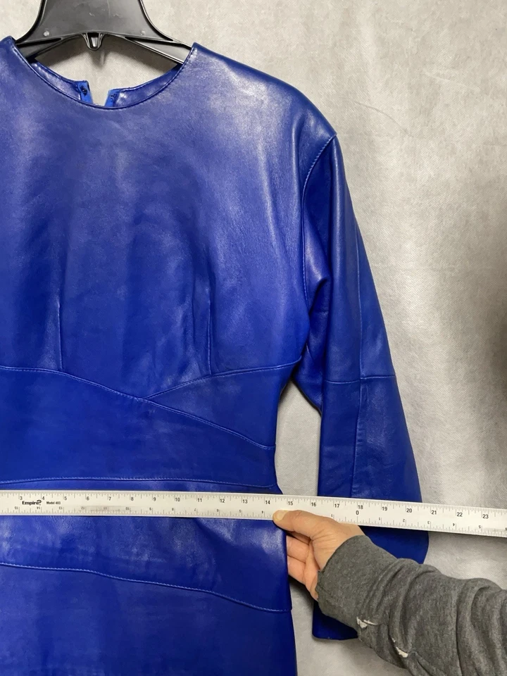 VTG Leather Dress Women 11 12 Royal Blue Lambskin Midi Sexy Sheath Event Luxury - Image 3 of 4