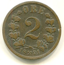 Norway 2 Ore 1891 KM-353   lotdec2502