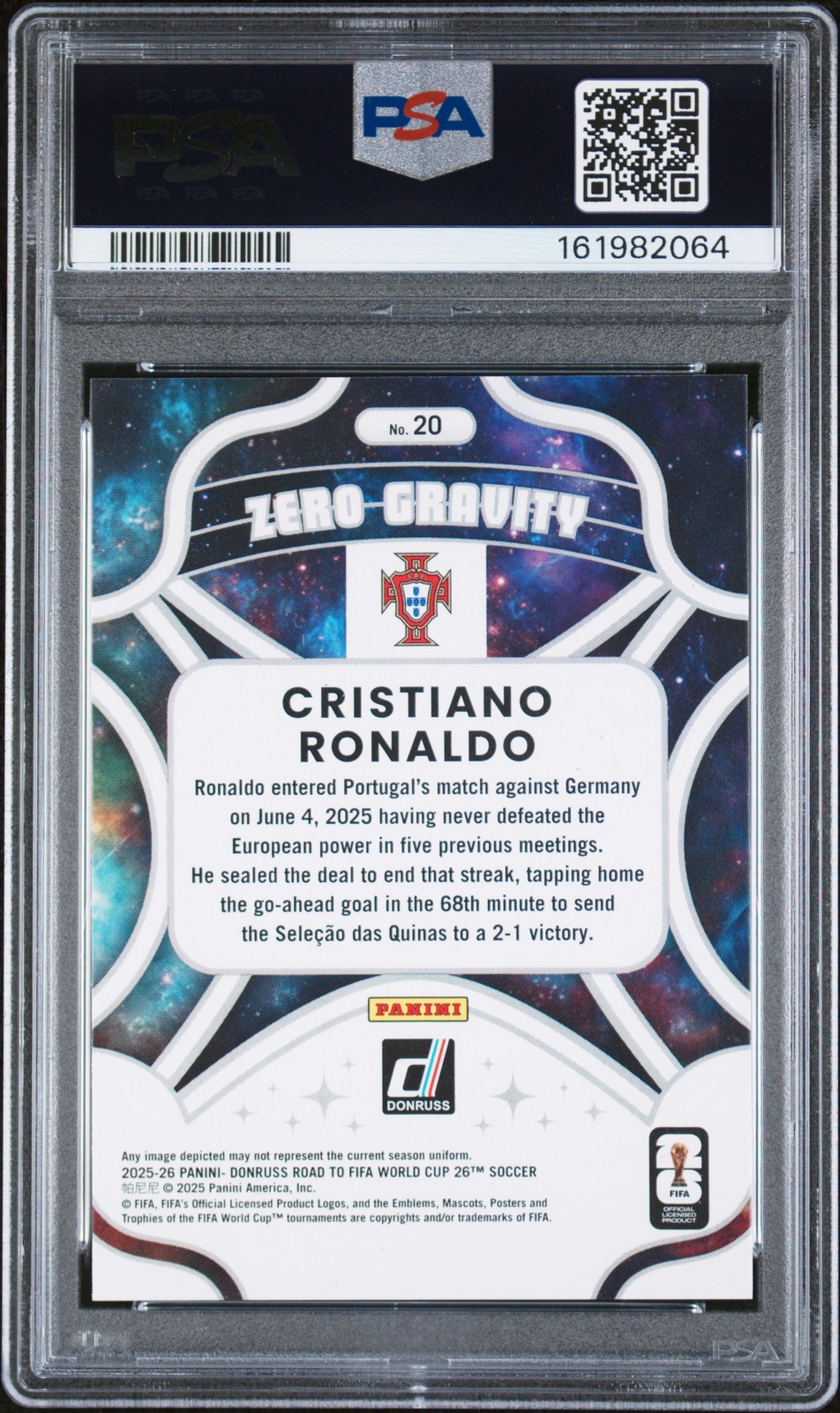 2025 PANINI DONRUSS ROAD TO WORLD CUP '26 ZERO GRAVITY CRISTIANO RONALDO PSA 8 view 2
