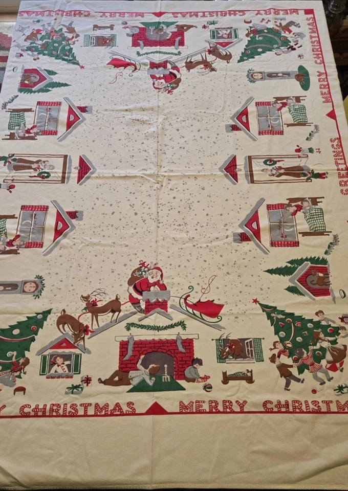 HTF Vintage Christmas Tablecloth Twas The Night Before Christmas 64 x 55 MCM - Image 2 of 4
