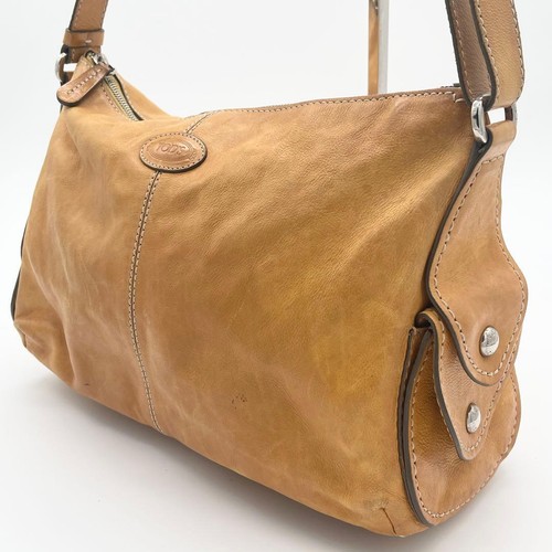 TOD'S Shoulder Bag Leather Ochre Brown Yellow Silver Studs Vintage