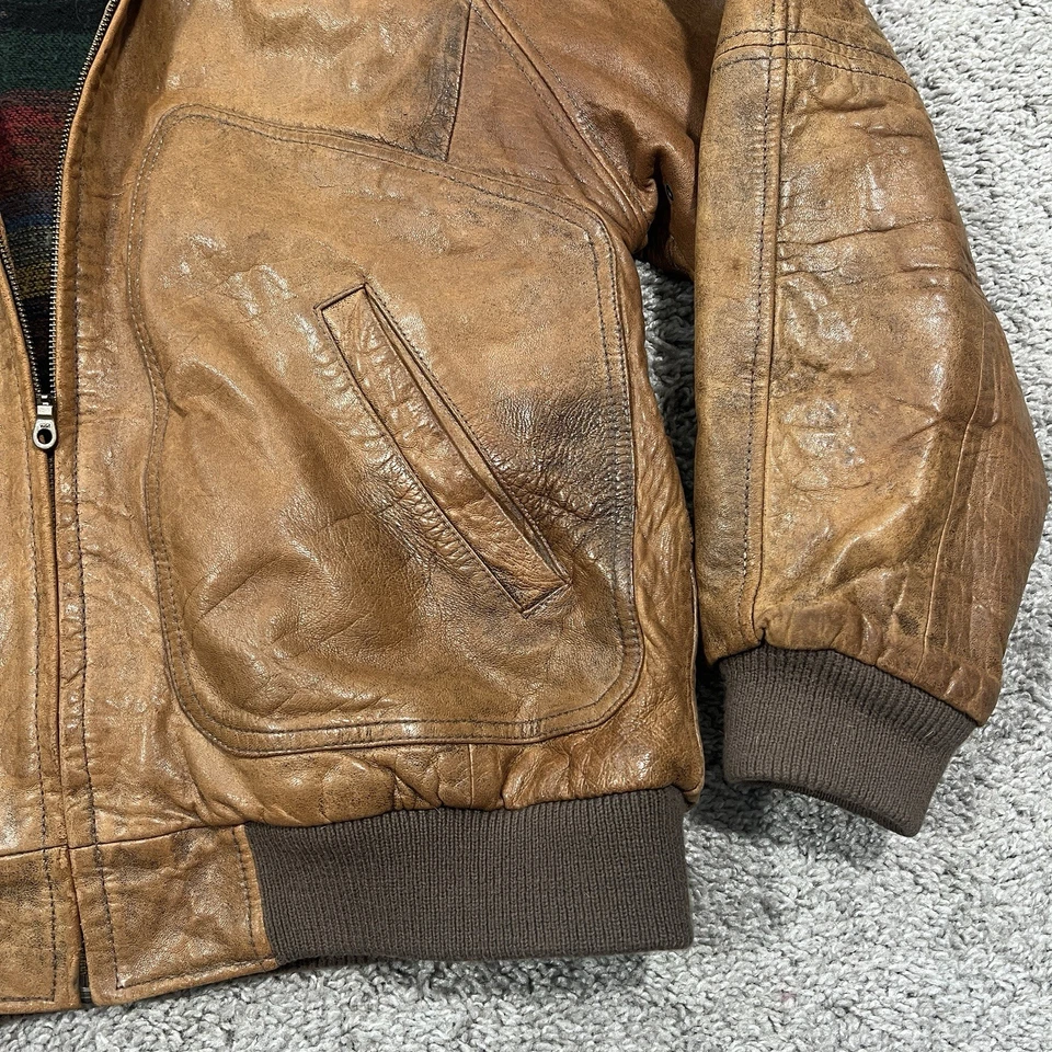 Chaqueta de cuero bombardero forrada con manta azteca marrón contexto vintage años 80 para hombre mediana Foto 2 de 4