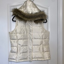 Talbots Cream/White Quilted Puffer Vest Detachable Faux Fur M
