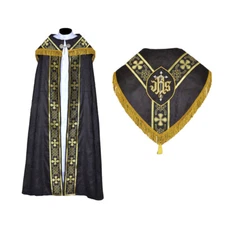 NEW Black Cope & Stole Set with IHS embroidery, capa pluvial, chape, far fronte