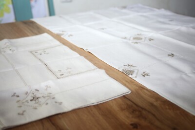 Stunning Two Piece Vintage Hand Embroidered Table cloth set, Scandi style
