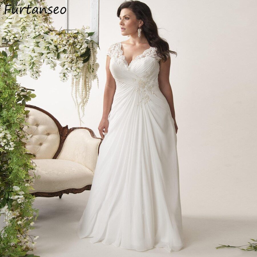 Open Back Plus Size Curve Wedding Dresses A-Line V Neck Cap Sleeve Sweep Brush Train Chiffon Bridal Gowns With Ruched Appliques 2025 Open Back Plus Size Curve Wedding Dresses A-Line V Neck Cap Sleeve Sweep Brush Train Chiffon Bridal Gowns With Ruched Appliques 2025