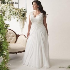 Plus Size Wedding Dresses Cap Sleeve V-neck Applique Chiffon Beach Bridal Gowns
