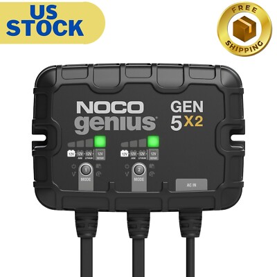 NOCO Genius GEN5X2, 2-Bank, 10A (5A/Bank) Smart Marine Battery Charger, 12V W...