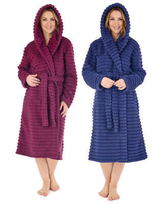 Slenderella Ladies Teddy Bear Striped Fleece Dressing Gown Hooded Wrap Bath Robe