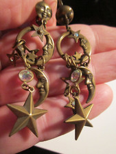 MOON AND STARS THEME DESIGN EARRINGS LARGE 2 1/2" GOLD TONE - BBA-16A