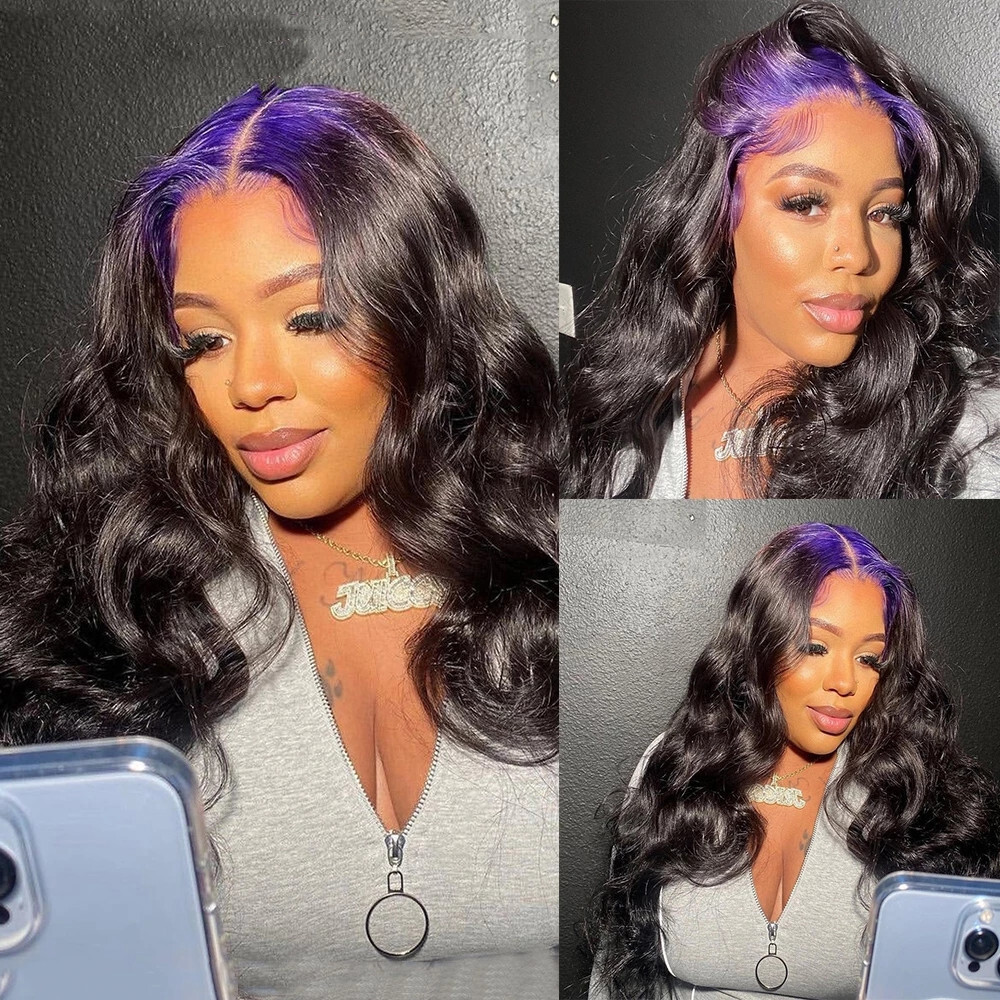 Long Wavy T Part Lace Front Wigs Purple Roots Ombre Black  display picture 3
