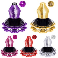 Kids Girls Set Tutu Outfit Dance Suit Latin Costume Sequins Halloween Leotard