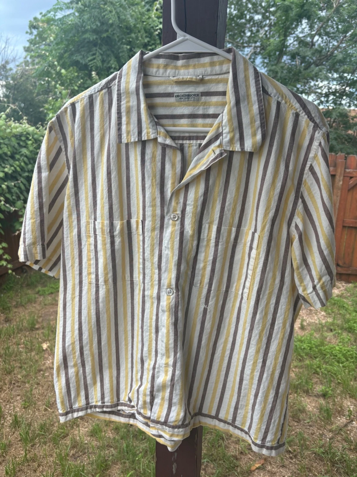Knickerbocker Highway Shirt Mens Large L Striped Cotton Linen Camp Collar Short