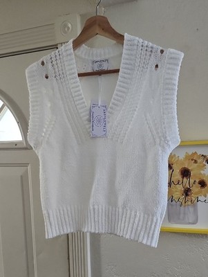 Absolutely White Crochet-Detail Knit V-Neck Sweater Vest Sz XS Preppy Style