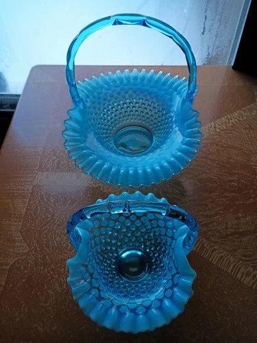 Fenton Blue Opalescent Glass Hobnail Baskets Set Of 2