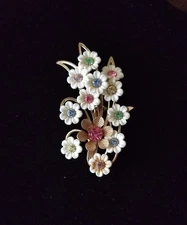 Vintage Emmons Signed Lucite Multi Color Rhinestones Floral Gold Tone Pin Brooch