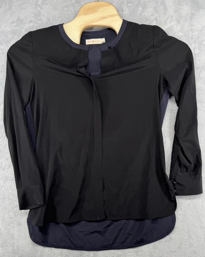 Blusa tunica Meg Tory Burch nera blu navy manica lunga seta donna taglia 6