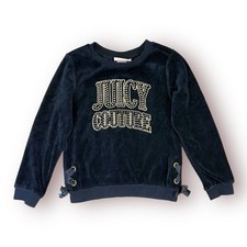 Juicy Couture Sweatshirt Girls Size 6 Black Velour Sweater Ribbon Embellished