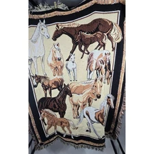 Crown Crafts Horse Equestrian Tapestry Woven Throw Blanket Western Fringe 46x55 