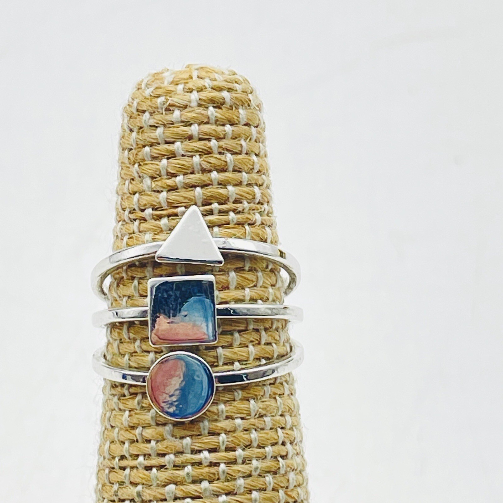 Geometric Silver Tone Ring with Triangle Square a… - image 1