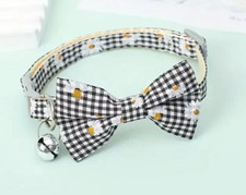 Cat Dog Collar Cute Flower Bow Tie Plaid Design Safety Buckle w/ Bell Black 1pc