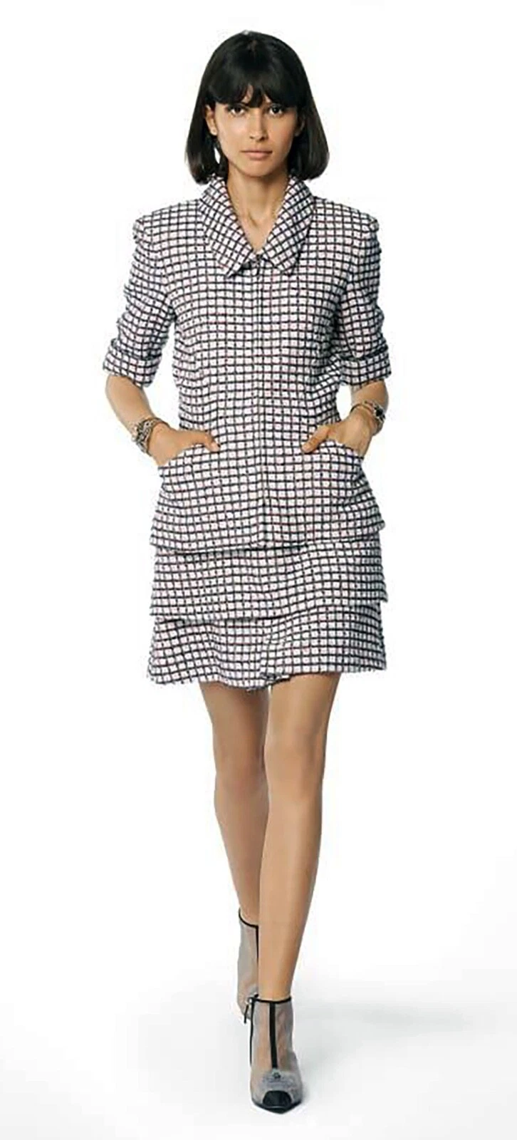 $5250 GIACCA CHANEL 19P BLU NAVY ECRU TWEED NERO CC BOTTONI MANICA CORTA 36