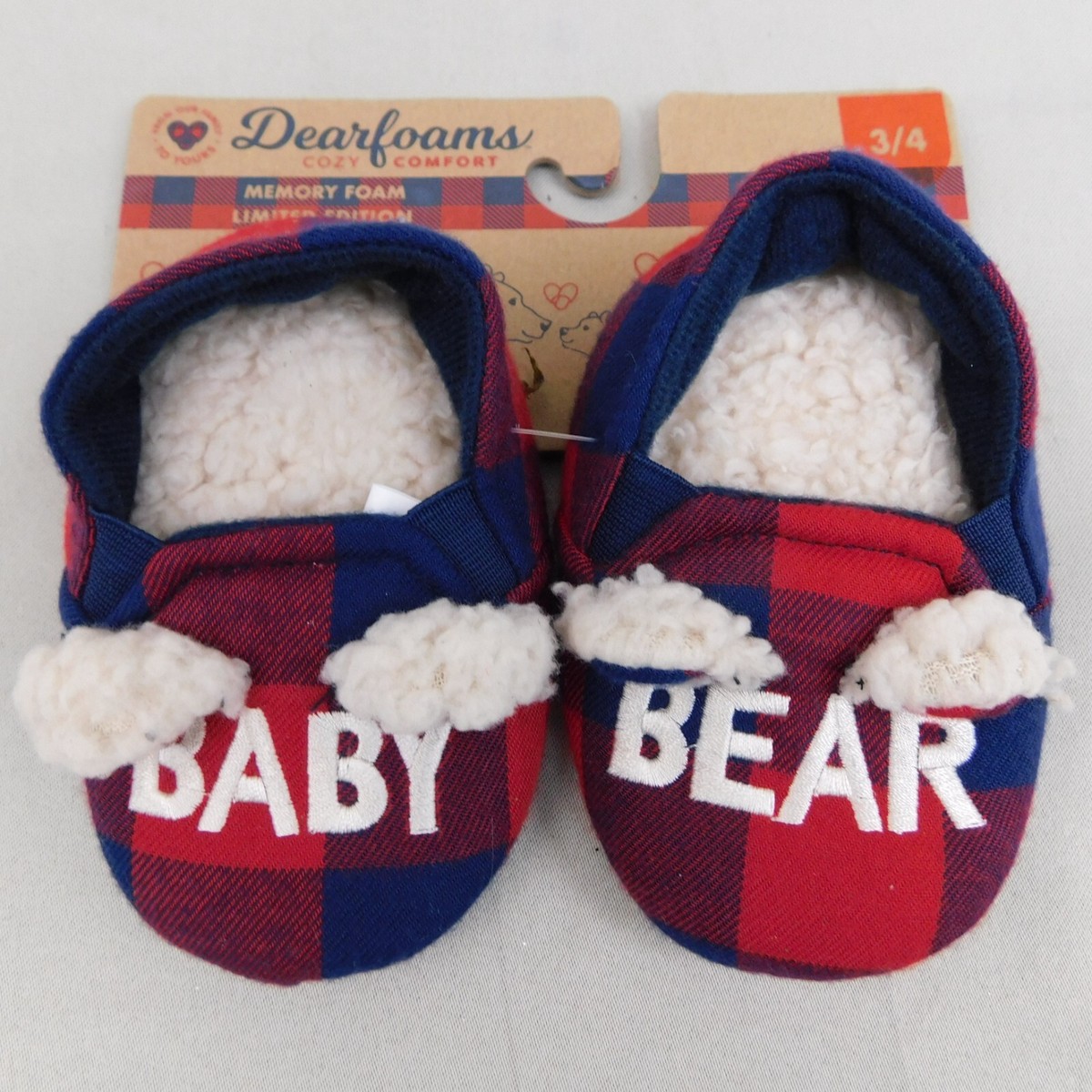 Dearfoams Baby Bear Plaid Christmas Bootie Slippers 3-4 Sherpa