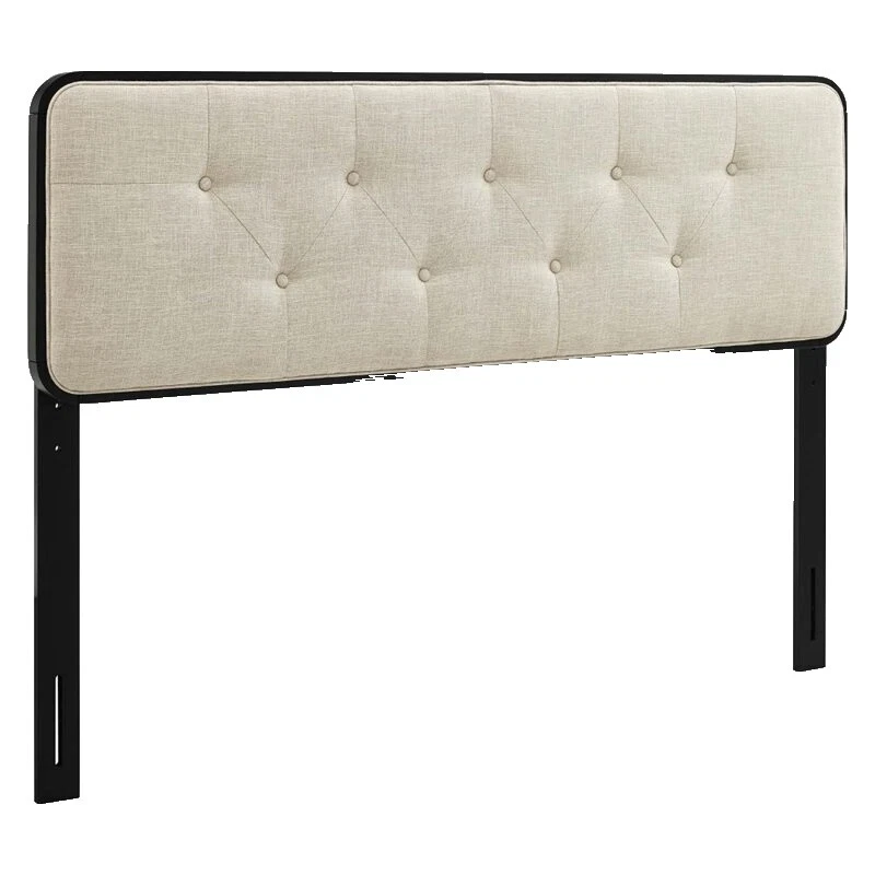 Camas de tela negra y cabeceras