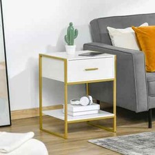 Image of HOMCOM Modern Bedside Table Side Table Nightstand w/ Drawer Shelf White Gold