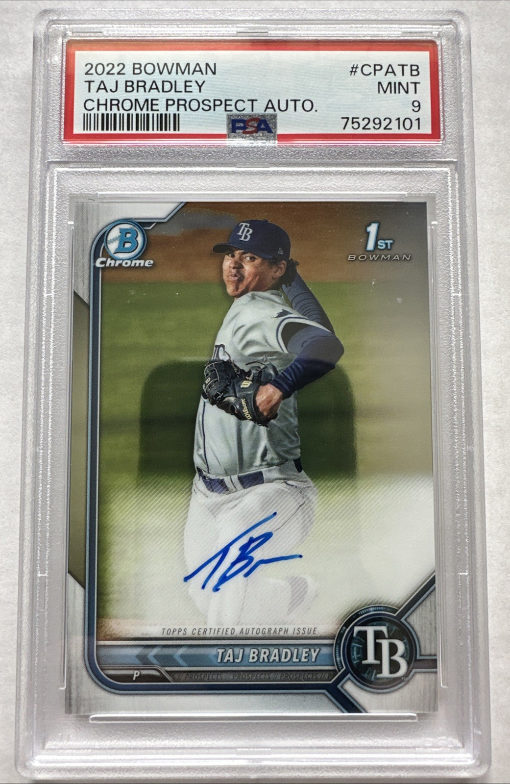 2022 Bowman TAJ BRADLEY Chrome 1st Prospect Auto TB Rays PSA Mint 9