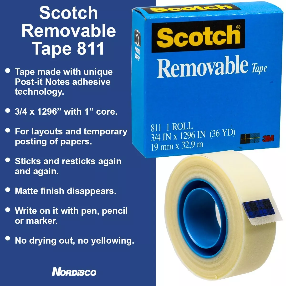 Scotch Removable Tape 811 3/4 x 1296 2 Rolls of Tape Plus H127 Hand  Dispenser