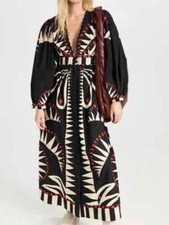 Black V-neck Printed Dresses Lantern Sleeve Lady Fashion High Waist Long