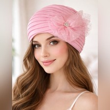 Women  s Pink Turban Headwrap with Decorative Flower