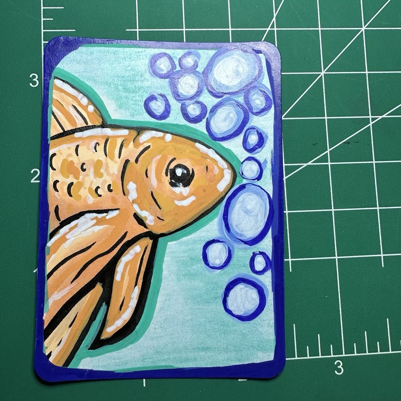 ACEO Original Art Card, Mini Mixed Media Painting of A Goldfish