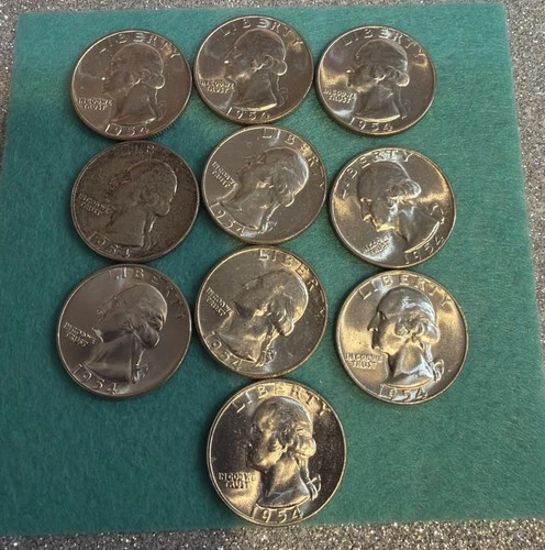 1954 Uncirculated Silver Washington Quarter Lot Of 10 90% Silver