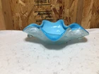 VTG Murano Art Glass Flower Bowl Blue White Textured Dot Exterior Scalloped