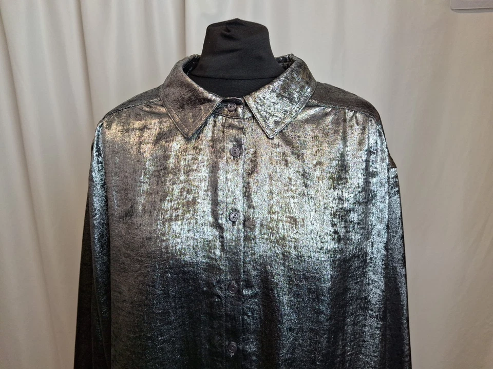 M&S Per Una Metallic Shirt Blouse Silver Shiny Glitter Women's UK24 NWT C5061 - Image 3 of 4