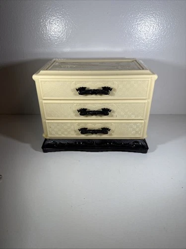 Vintage Asian Celluloid Bakelite Beige 3-Drawer Jewelry Box Black Dragon Handles