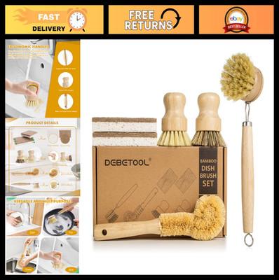 6-Piece Bamboo Dish Brush Set | Natural Coconut Sponge & Sisal Scrub Brushes for