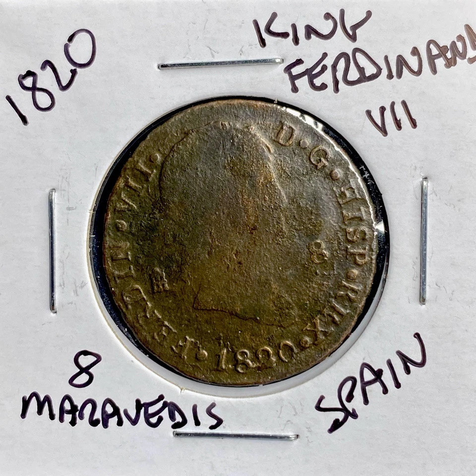 1820 Spanish 8 Maravedis King Ferdinand VII Large Head Nice Details Large - Image 4 of 4