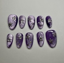 Purple & Silver Star Shiny Press-On Nails Alm...