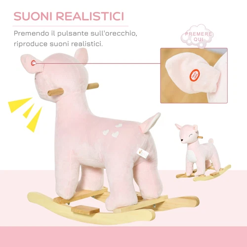 HOMCOM Cavallo a Dondolo per Bambini 3-6 Anni Cervo in Peluche Rosa 68x35.5x64cm - Foto 6 di 10