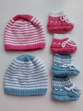 Frühchen Mütze & Schuhe Weiß - Rosa , Blau Handgefertigt Größe 46 cm,Zwillinge 