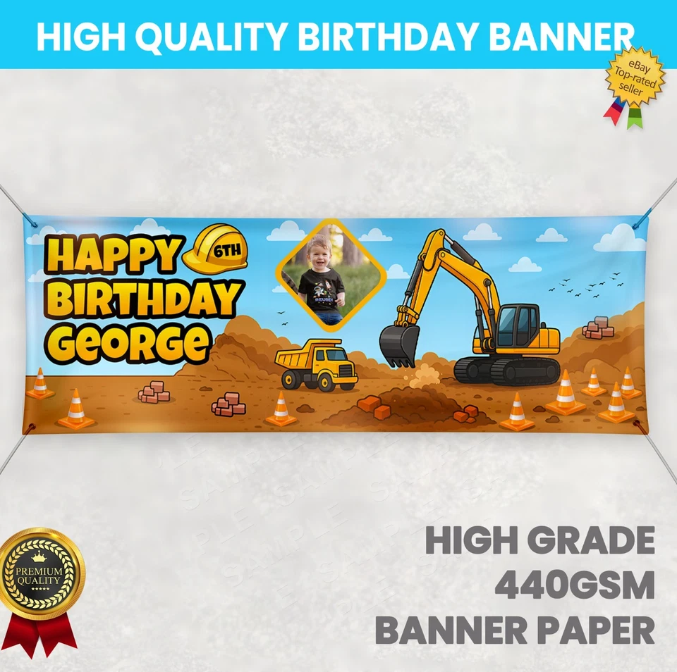 Personalised Digger Truck Birthday Party Banner – Construction Theme - Any Name - Image 2 of 4
