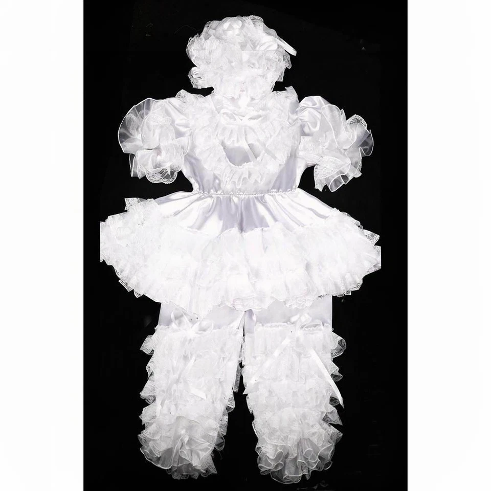 Vestido unisex de satén blanco bloqueable Sissy para niña de criada cosplay aparadores hechos a medida Foto 2 de 4