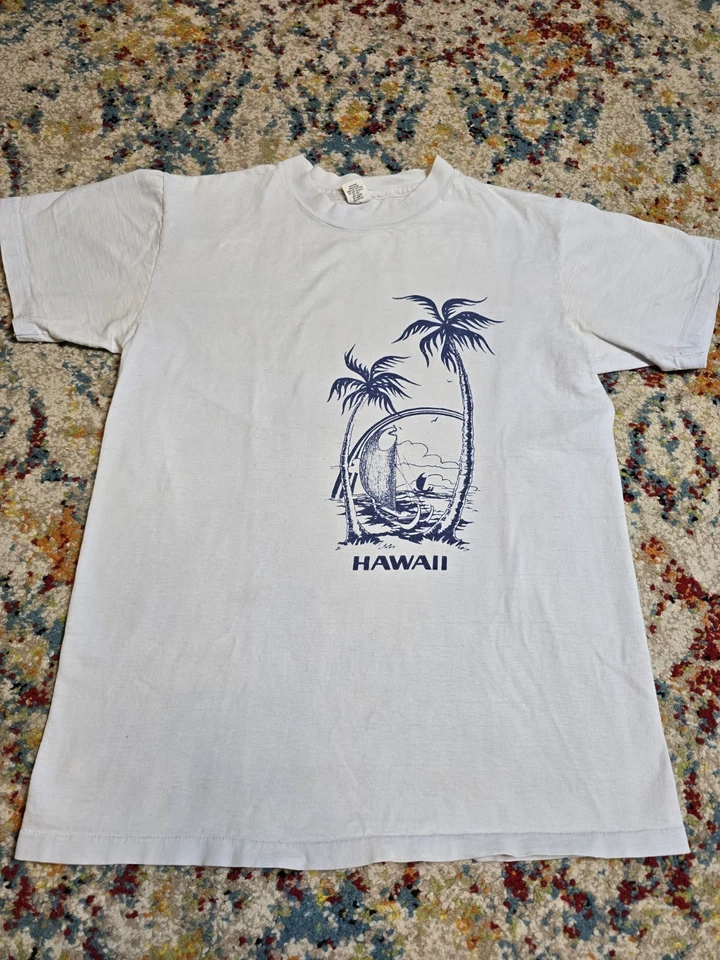 Vintage 70s Hawaii Souvenir Graphic T-Shirt Light Blue Size Small Beach Sailboat - Image 2 of 4